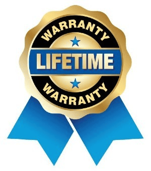 Lifetime Warranty Badge, Gold middle with btwo blue ribbons hanging at the bottom and the words Lifetime Warranty