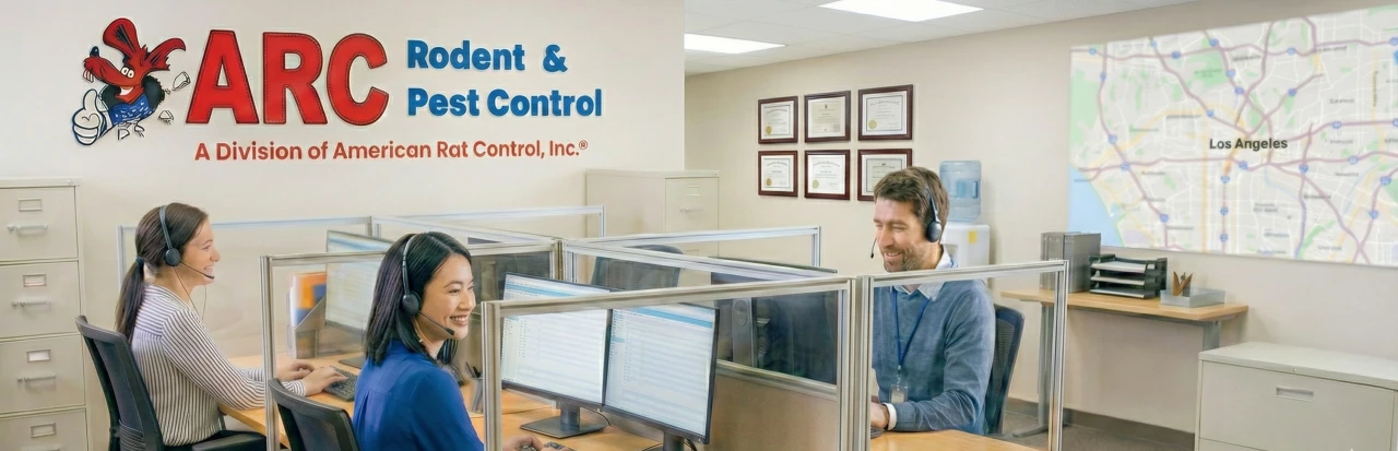 ARC Rodent and Pest Control call center, showing three operators at their desks with a giant ARC logo in the background on the wall