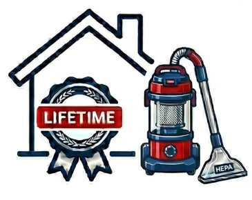 American Rat Control Lifetime Warranty Icon with a Attic Decontamination Vacuum in front of a house